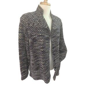 Brenda French 80s 90s Chevron Knit Wool Jacket Women Sz L/XL Mandarin Collar